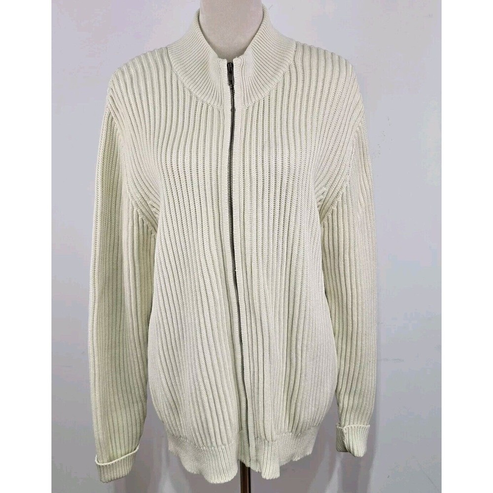 LL Bean Cardigan Sweater Mens Lg Cream Shaker Stitch Cotton Full Zip Mock Neck